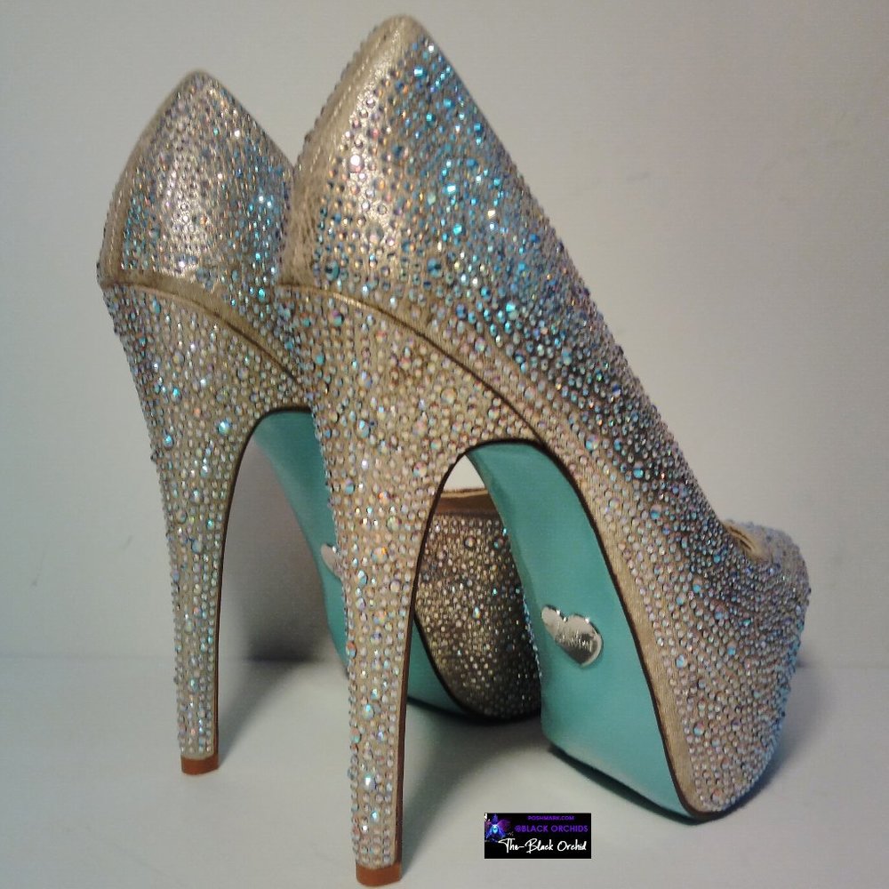 BETSEY JOHNSON 7 STAR SPARKLY RHINESTONE PLATFORM HEELS blue collection - Picture 3 of 16